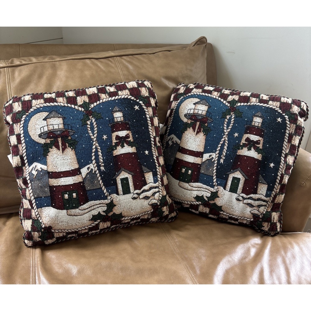 Mohawk Throw Pillows Lot Of 2 Vintage Tapestry Holiday Winter‎ Lighthouses 16x16